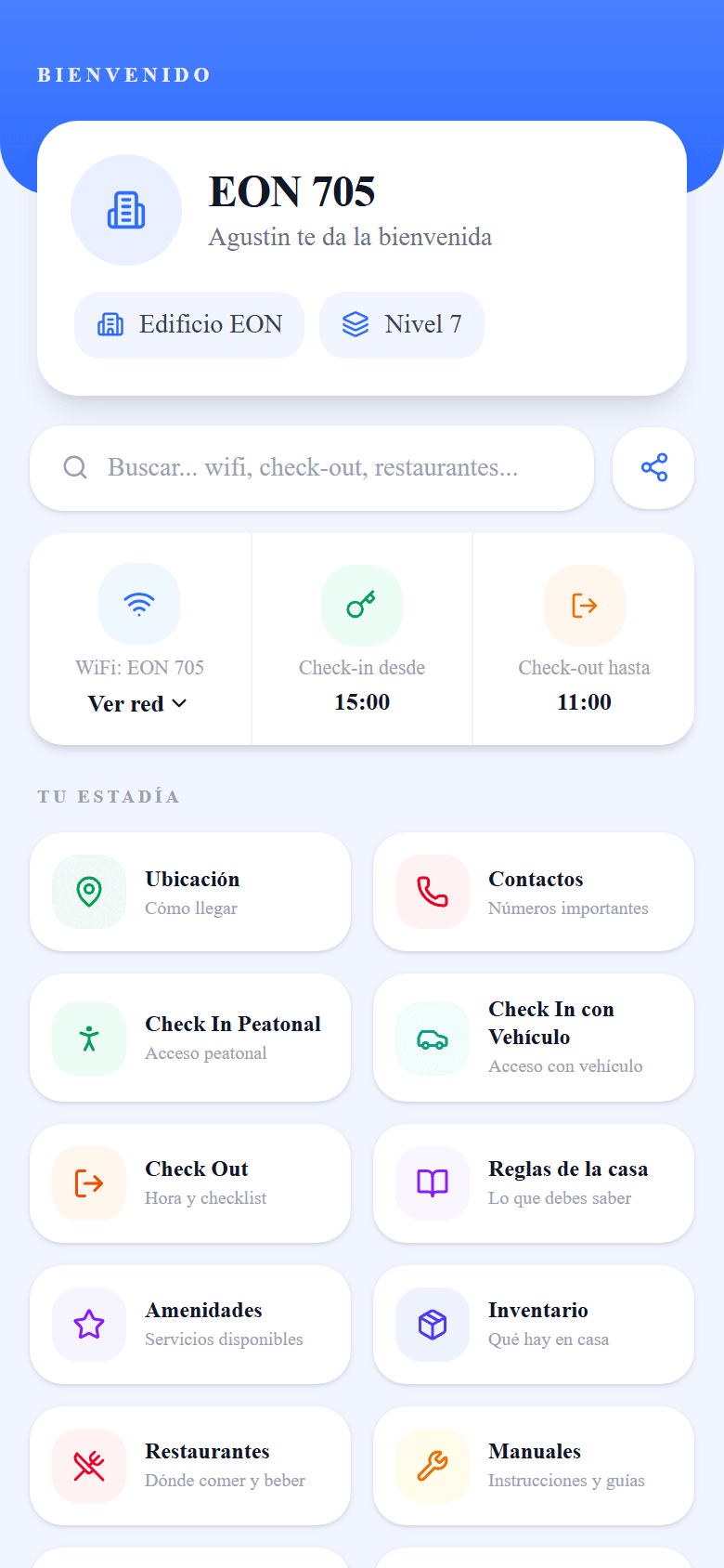 A real apartment guide seen on a phone: welcome, search, WiFi, check-in and check-out times, and the sections of the stay.